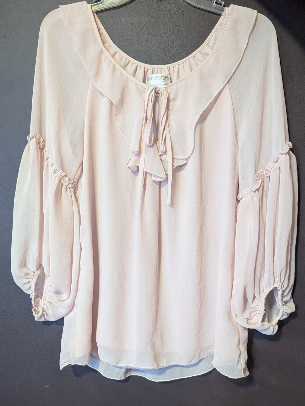 Max Studio Womens Blush Pink Buff Ruffles 3/4 Sleeve Lined Oversized Blouse Sz S